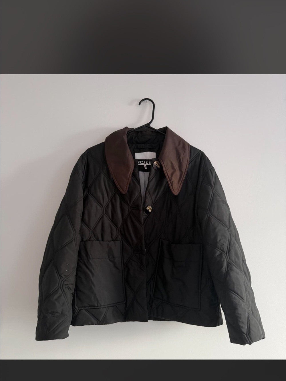 GANNI Black Quilted Jacket with Brown Collar